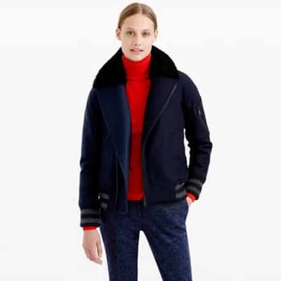 J. CREW COLLECTION Shearling Melton Italian Wool Navy Blue Bomber Jacket… - Picture 1 of 10